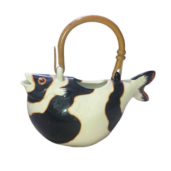 Vintage Animals & Co 1984 Collectible Hand Painted Porcelain Fish Bamboo Teapot - Picture 1 of 8